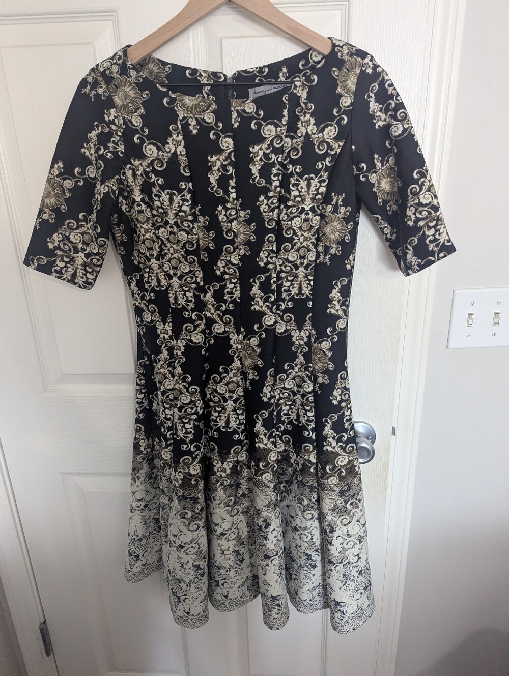 Elegant Black & Cream Patterned Fit-and-Flare Dress